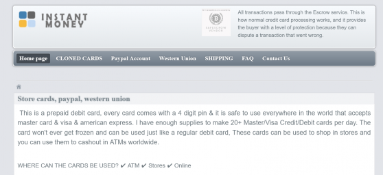 Store cloned cards, paypal, western union